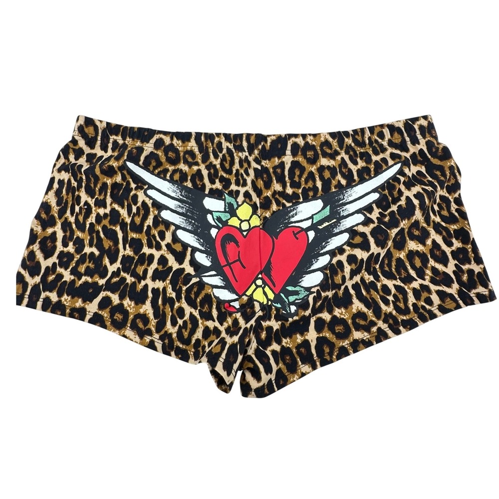 Ed Hardy Booty Shorts Women XL BY2K Leopard Print Winged Heart EHW8005-4